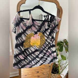 Torrid Womens Size 1 Multicolor Tie Dye Animal Print Cold Shoulder Tee Shirt Top